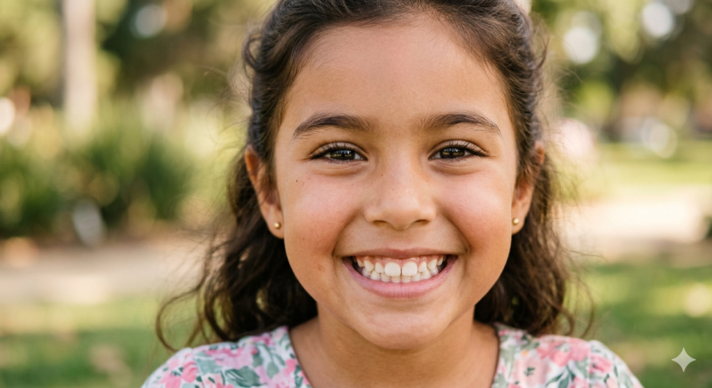 una niña de prlo castaño, ojos marrones con una gran sonrisa